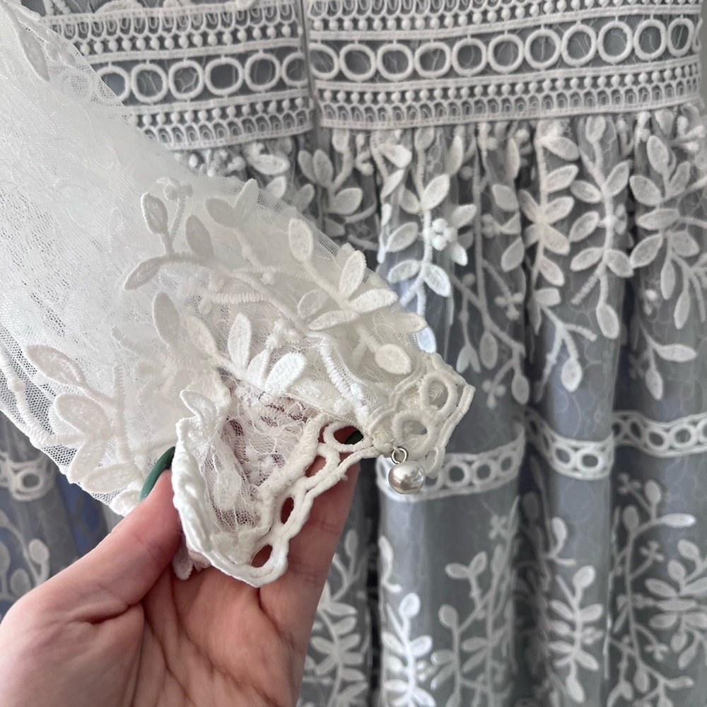 NWT Ivy City Co Midi Dress Formal Long Sleeve White Overlay Mesh/Blue Lined - Picture 5 of 6